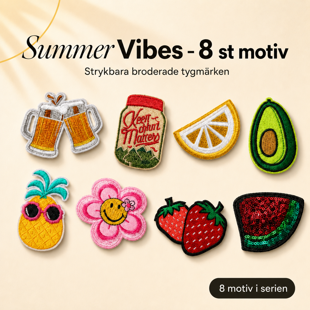 Summer vibes -pakkaus 8 kangasmerkkiä – silitettävät
