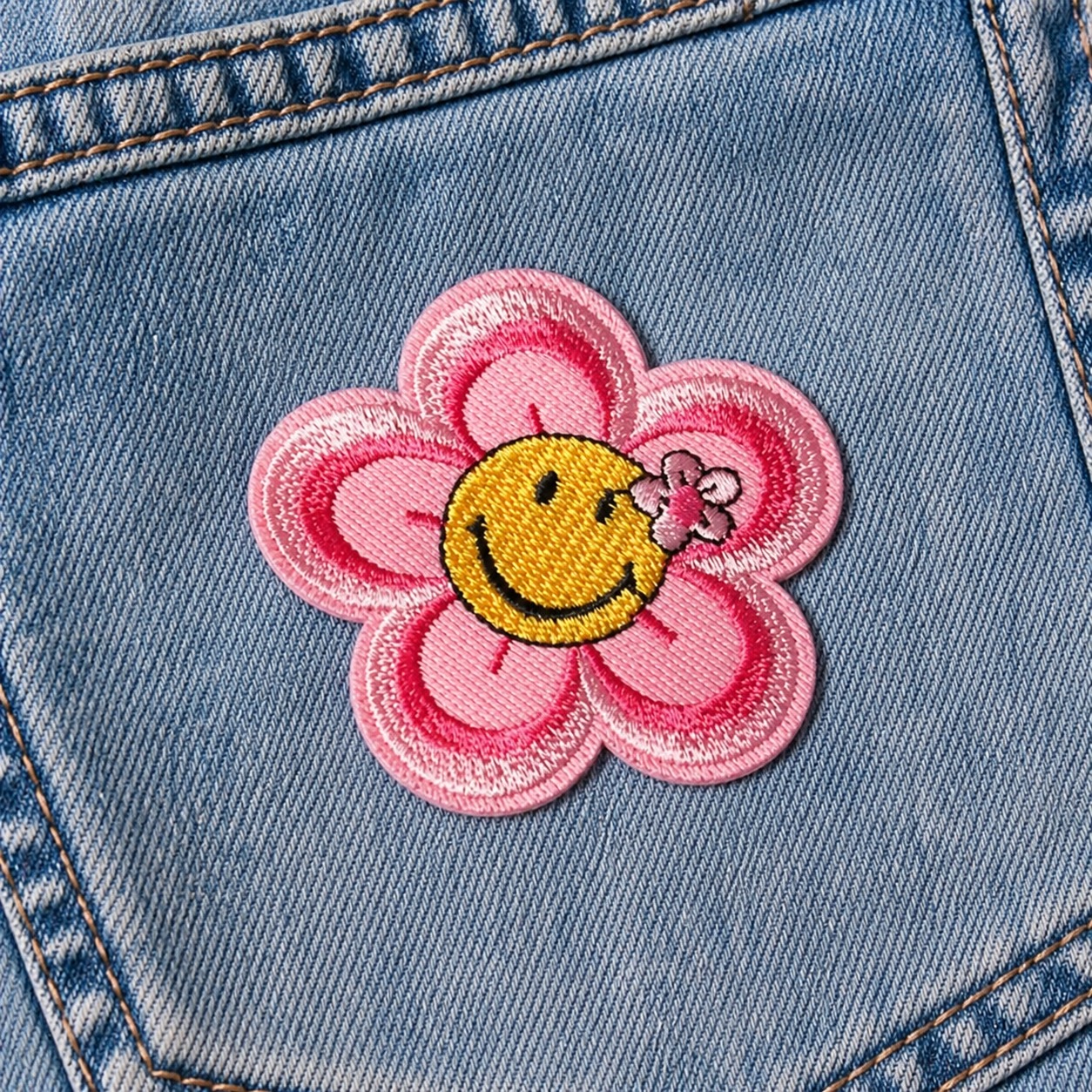 Kukka-smiley roosa/keltainen – silitettävä kangasmerkki