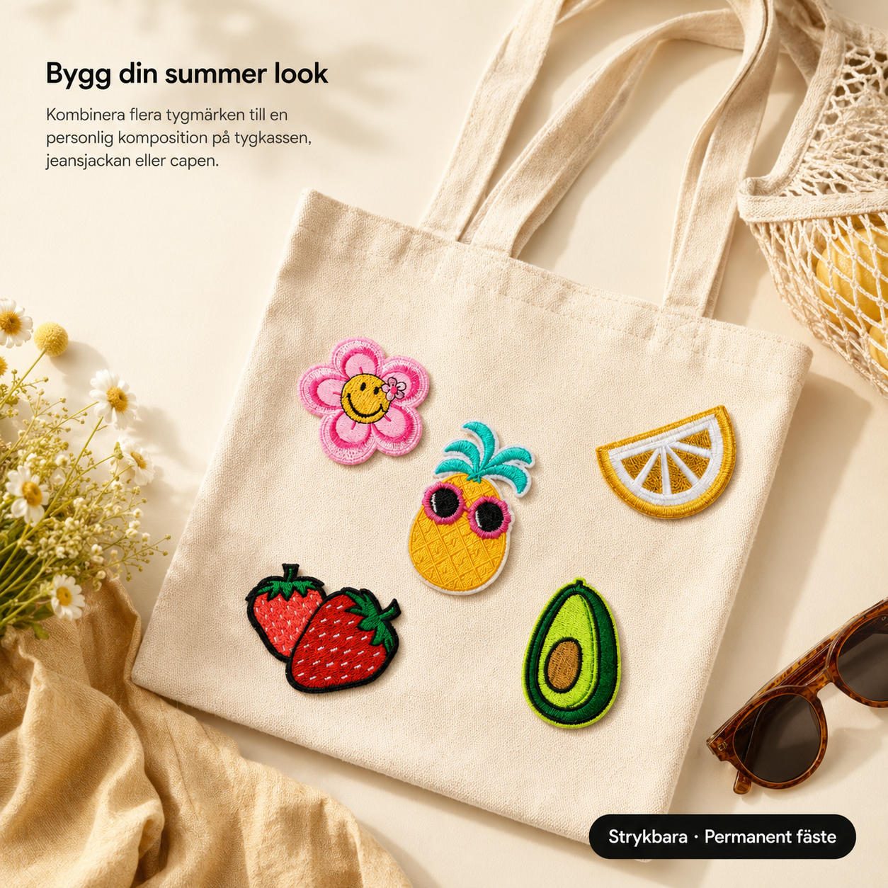 Summer vibes -pakkaus 8 kangasmerkkiä – silitettävät